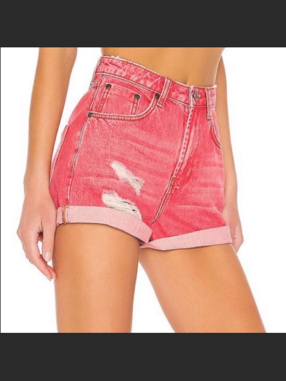 One Teaspoon Bandit Coral Red Distressed Roll-Cuff Denim Shorts